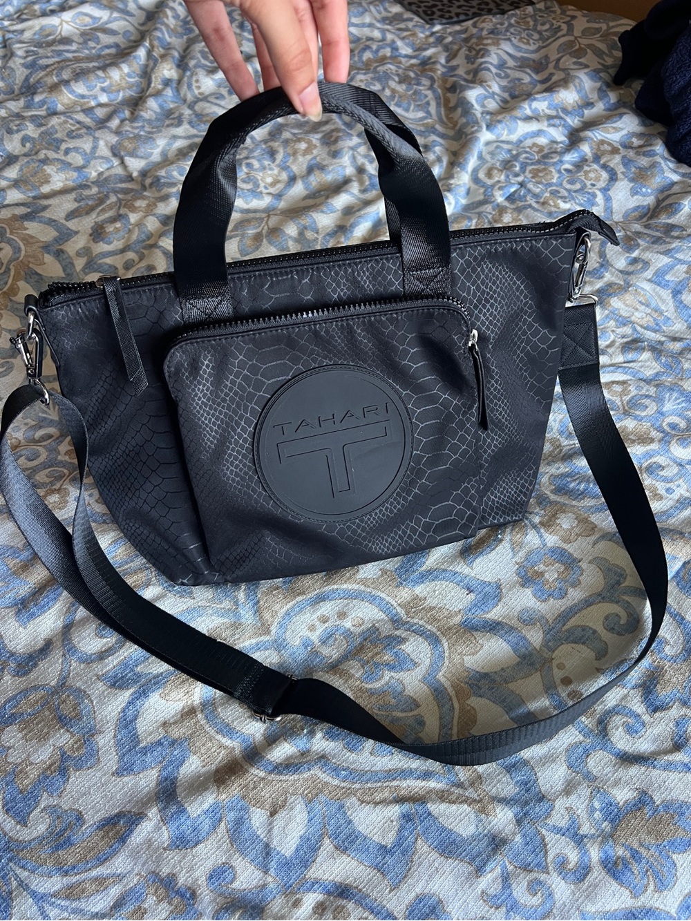 Tahari Black Textured Crossbody Tote with Top Handles